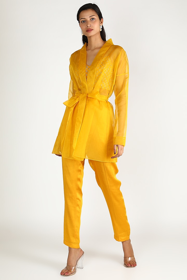 Mustard Embroidered Jacket Set by Ease