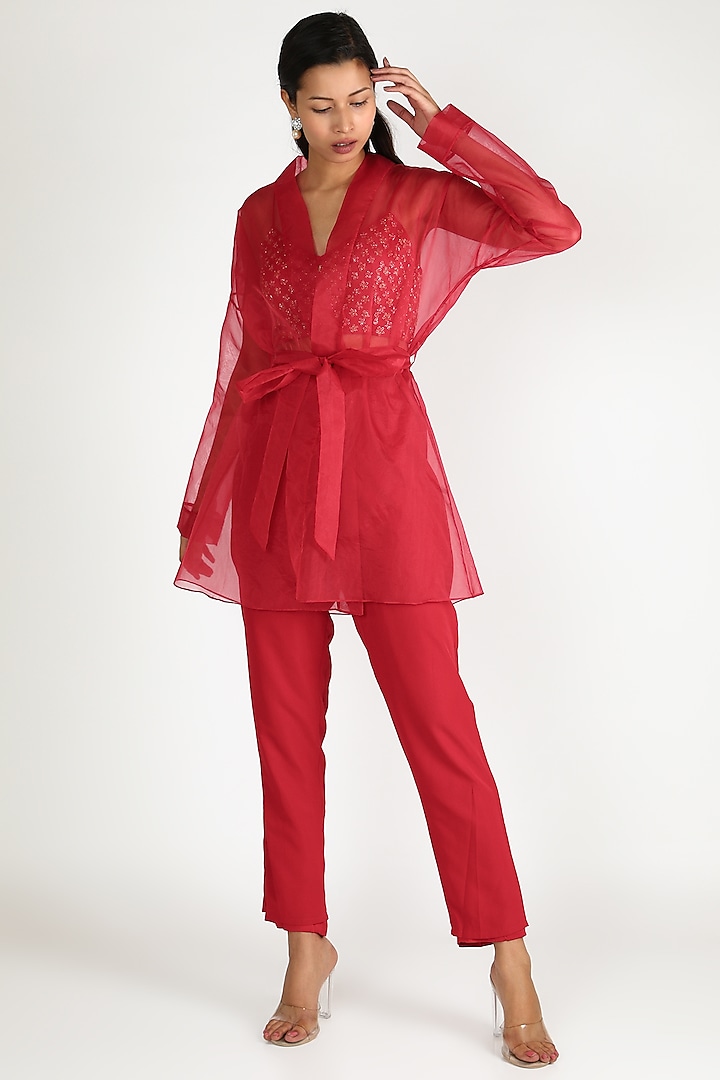 Red Embroidered Jacket Set by Ease