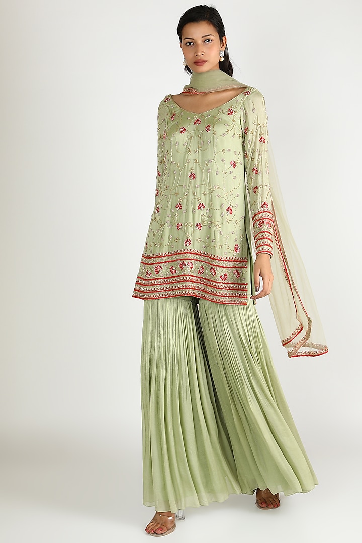 Pista Green Embroidered Sharara Set by Ease