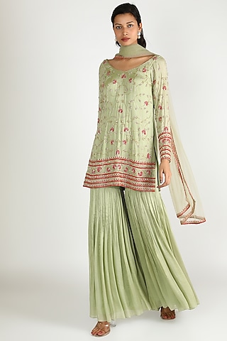 Pista Green Embroidered Sharara Set by Ease