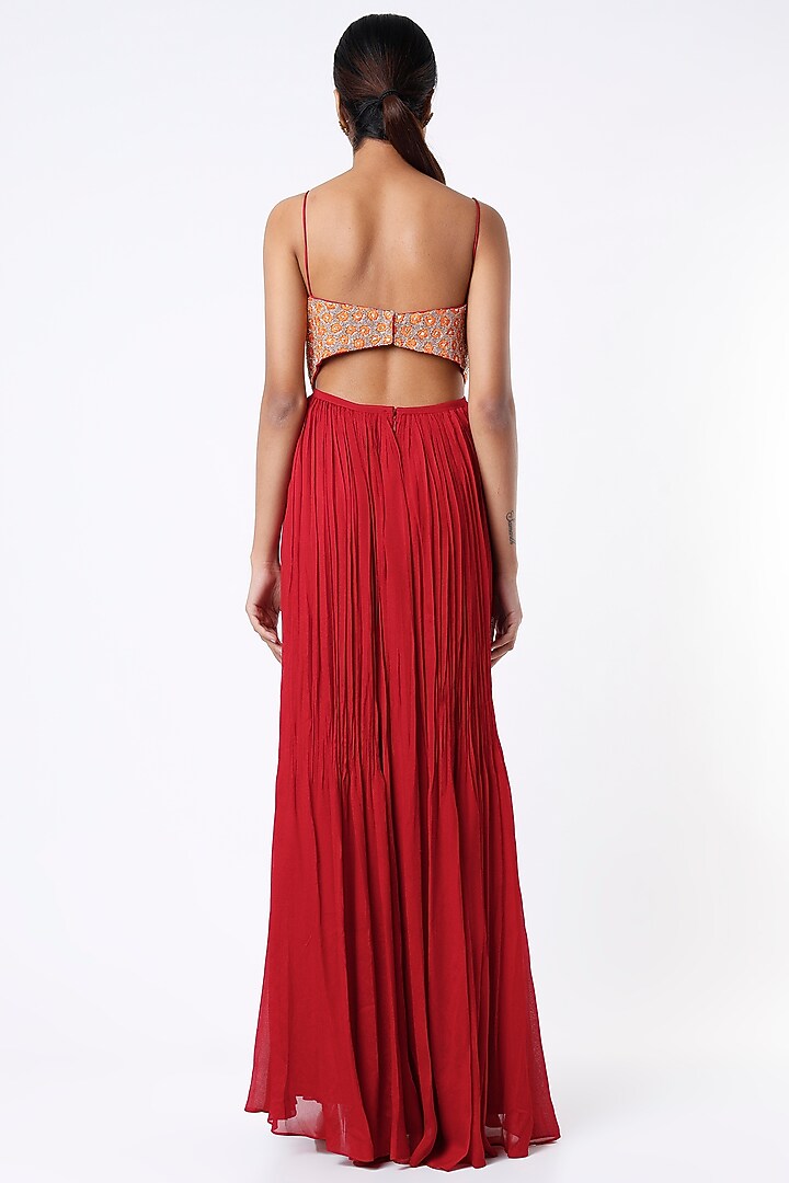 Fiery Red Embroidered Scalloped Wedding Anarkali Set by Ease at Pernia's Pop Up Shop