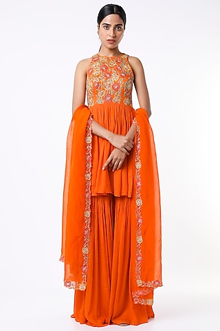 Bright Orange Crepe & Viscose Sharara Set by Ease