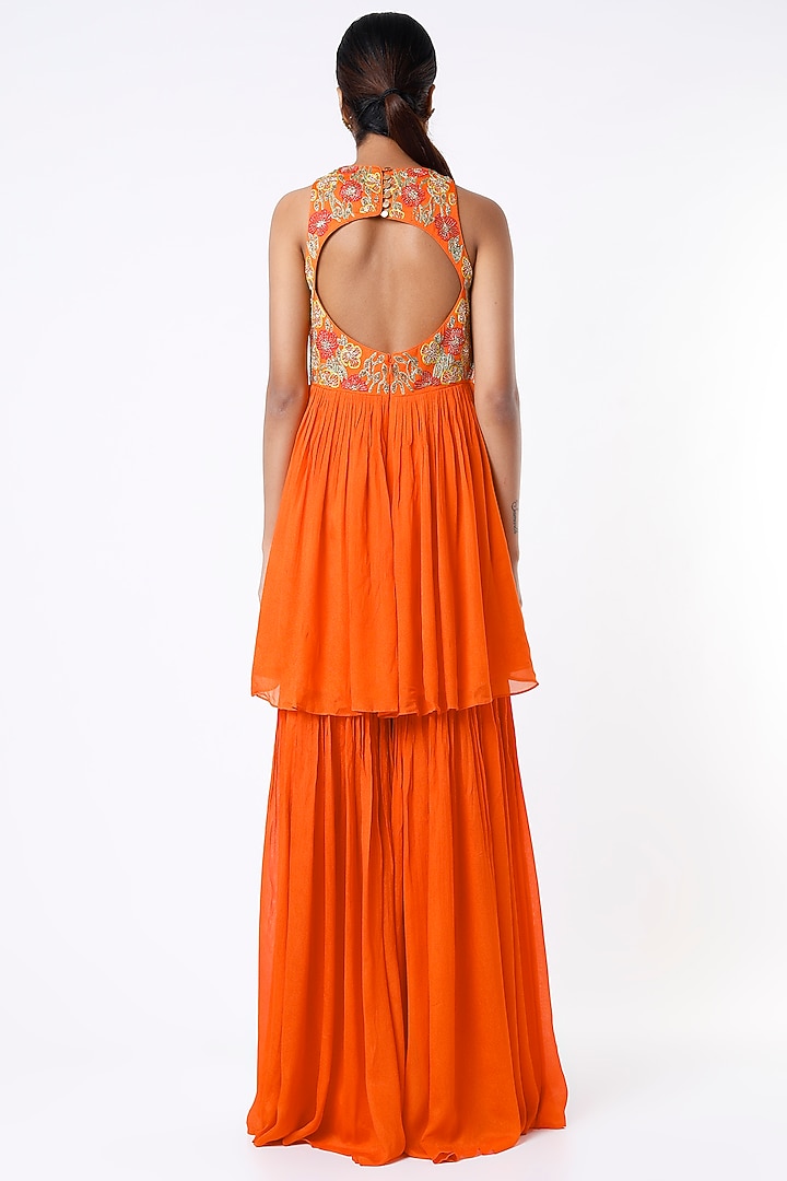 Bright Orange Crepe & Viscose Wedding Sharara Set by Ease at Pernia's Pop Up Shop