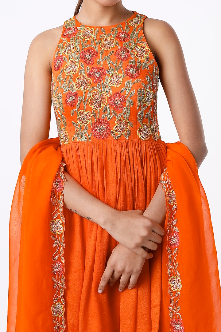 Bright Orange Crepe & Viscose Wedding Sharara Set by Ease at Pernia's Pop Up Shop