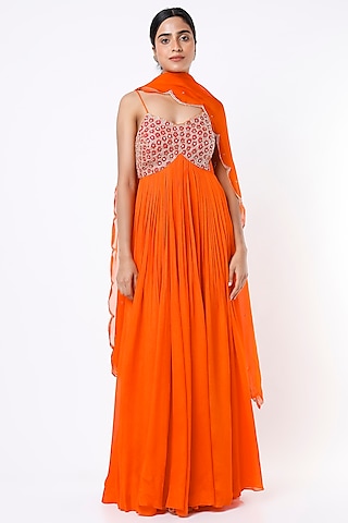 Bright Orange Embroidered Scalloped Anarkali Set by Ease