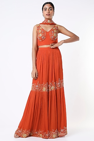 Deep Orange Embroidered Sharara Set by Ease