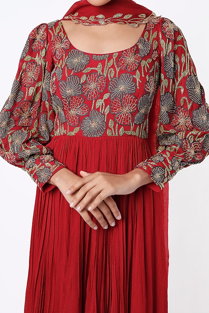 Crimson Embroidered Wedding Anarkali Set by Ease at Pernia's Pop Up Shop