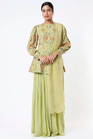 Pista Green Crepe & Viscose Sharara Set by Ease