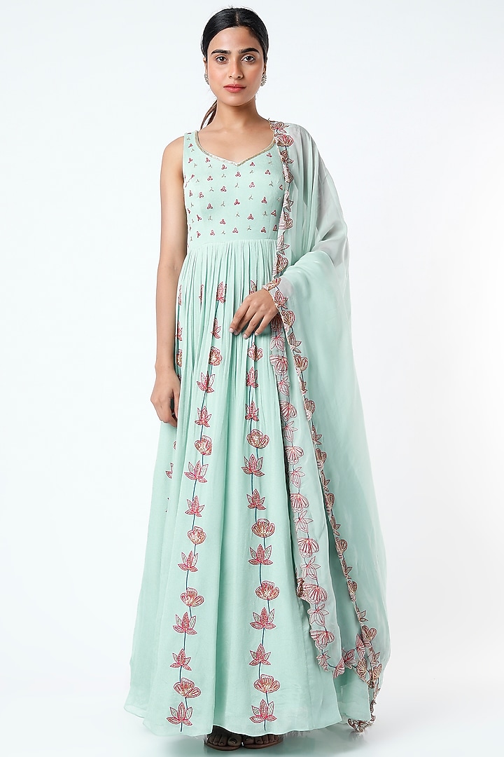 Sky Blue Embroidered Kalidar Wedding Anarkali Set by Ease at Pernia's Pop Up Shop