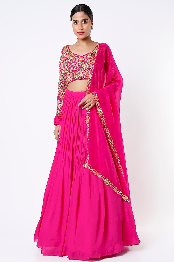 Candy Pink Crepe & Viscose Wedding Lehenga Set by Ease at Pernia's Pop Up Shop