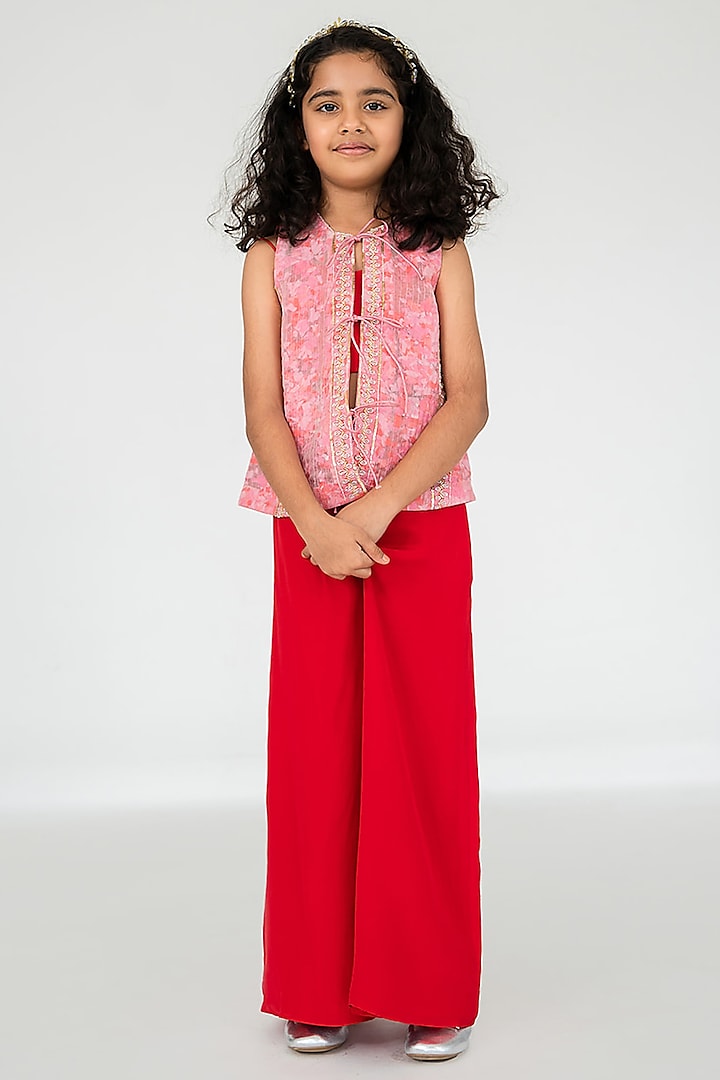 Light Pink Satin Organza Salli Embroidered Jacket Set For Girls by Ease kids