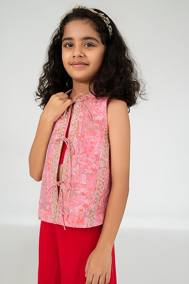 Light Pink Satin Organza Salli Embroidered Jacket Set For Girls by Ease kids at Pernia's Pop Up Shop