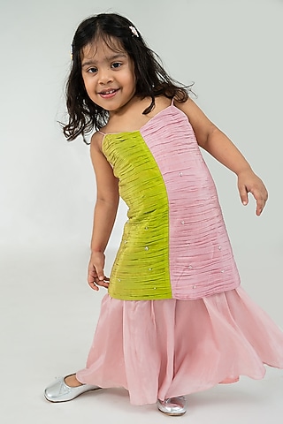 Light Pink & Green Pure Crepe Tikki Embroidered Ruched Kurta Set For Girls by Ease kids