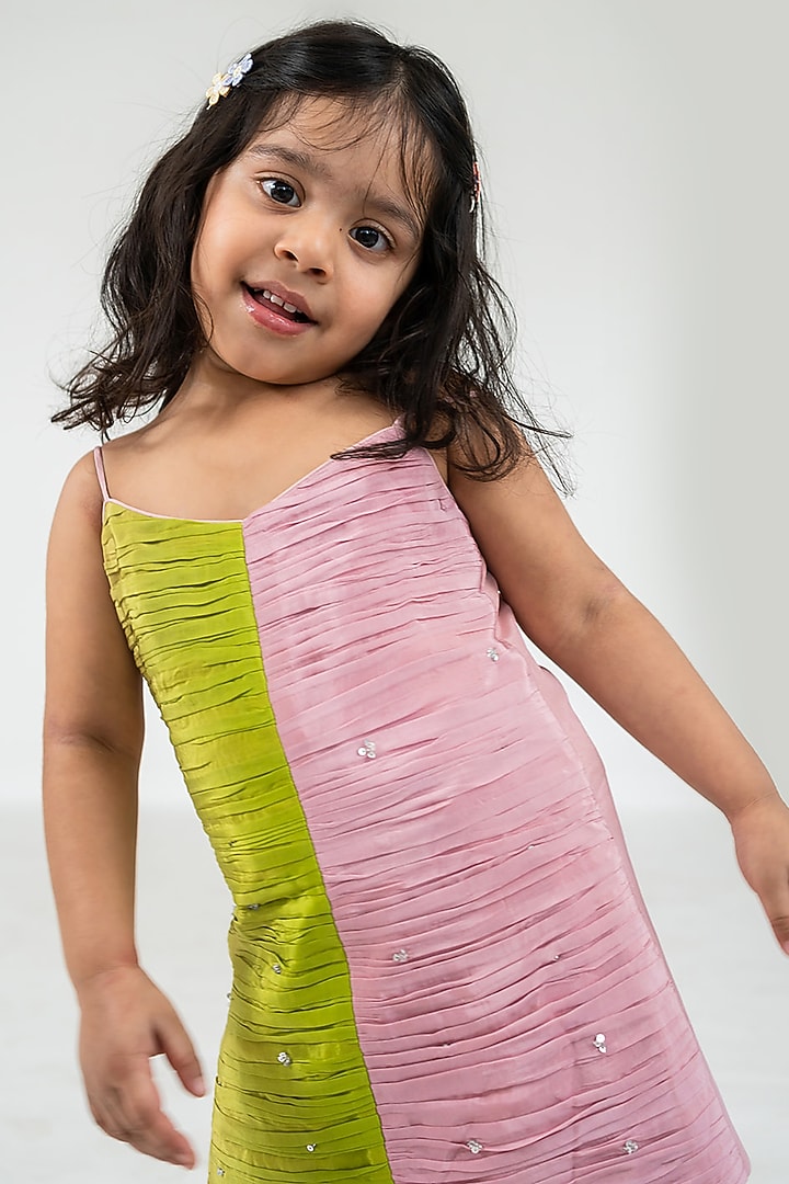 Light Pink & Green Pure Crepe Tikki Embroidered Ruched Kurta Set For Girls by Ease kids at Pernia's Pop Up Shop