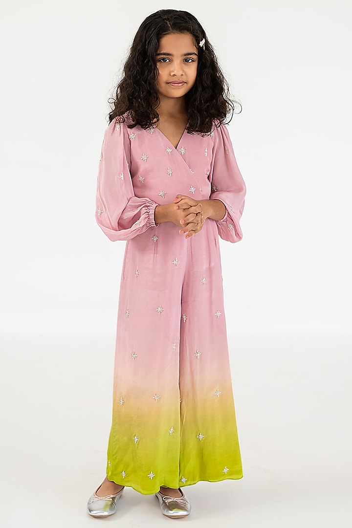 Light Pink & Parrot Green Pure Crepe Salli Embroidered Ombre Jumpsuit For Girls by Ease kids