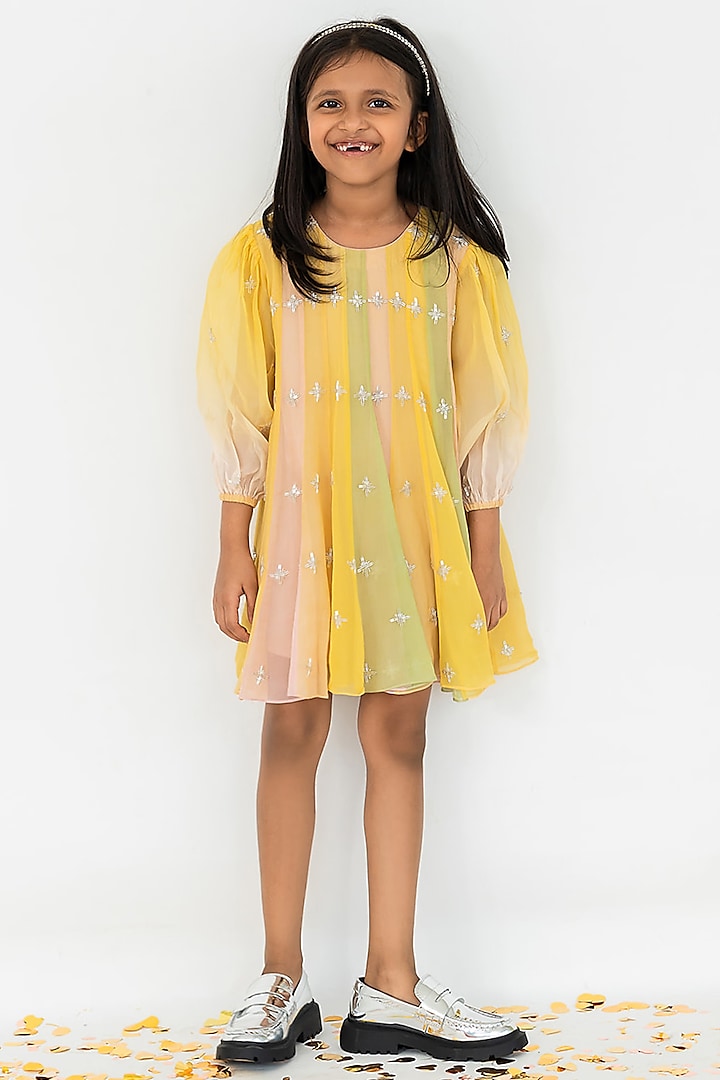 Multi-Colored Viscose Organza Salli Embroidered Ombre Mini Dress For Girls by Ease kids