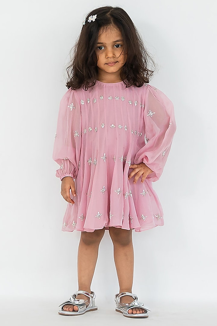 Blush Pink Viscose Organza Salli Embroidered Mini Dress For Girls by Ease kids