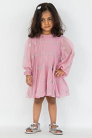Blush Pink Viscose Organza Salli Embroidered Mini Dress For Girls by Ease kids
