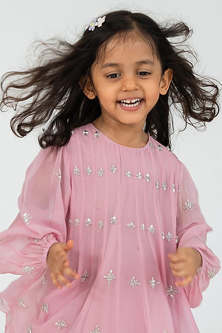 Blush Pink Viscose Organza Salli Embroidered Mini Dress For Girls by Ease kids at Pernia's Pop Up Shop