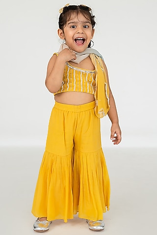 Yellow Pure Crepe Gharara Set For Girls by Ease kids