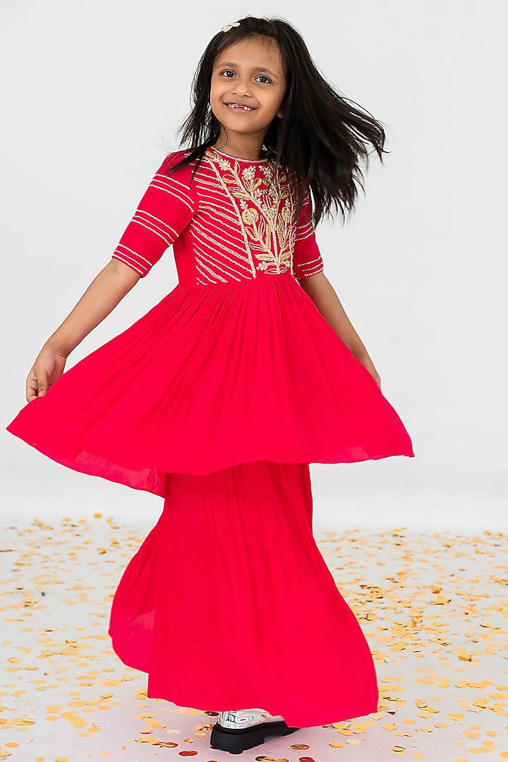 Hot Pink Pure Crepe Sharara Set For Girls by Ease kids at Pernia's Pop Up Shop