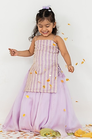Lavender Satin Organza Cutdana Embroidered Lehenga Set For Girls by Ease kids