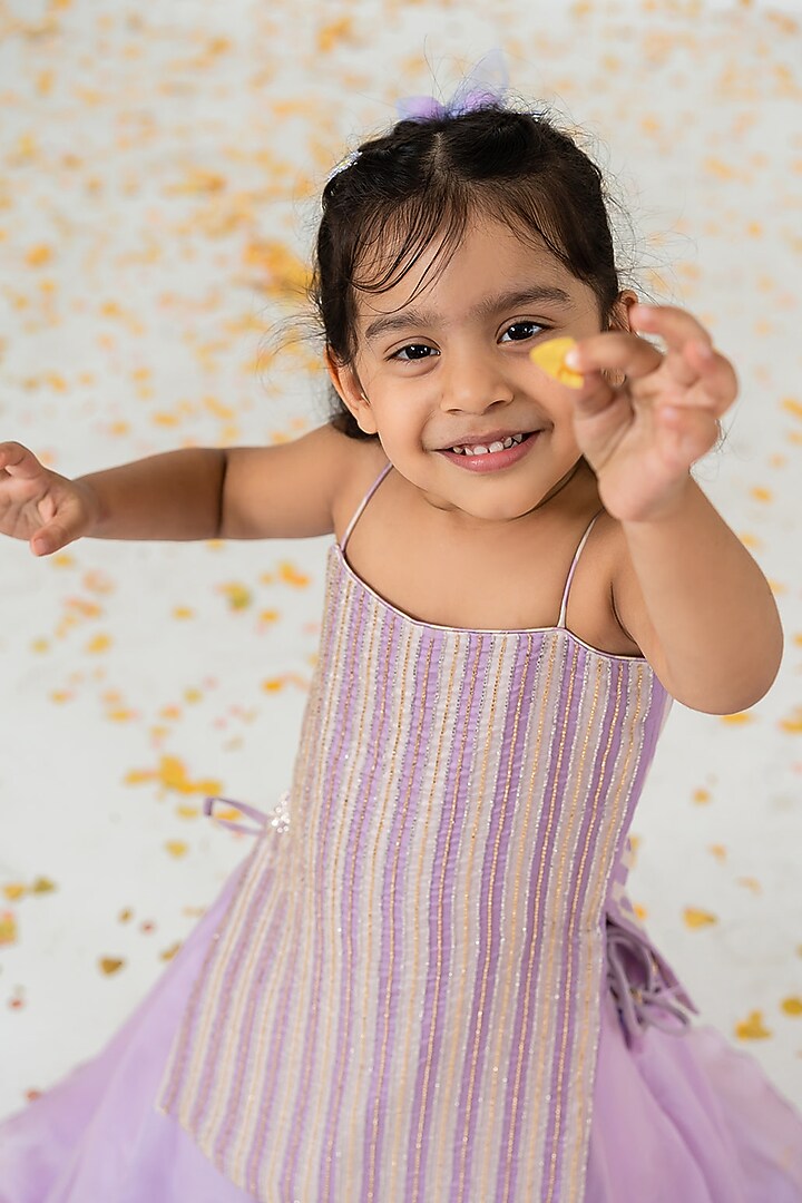 Lavender Satin Organza Cutdana Embroidered Lehenga Set For Girls by Ease kids at Pernia's Pop Up Shop