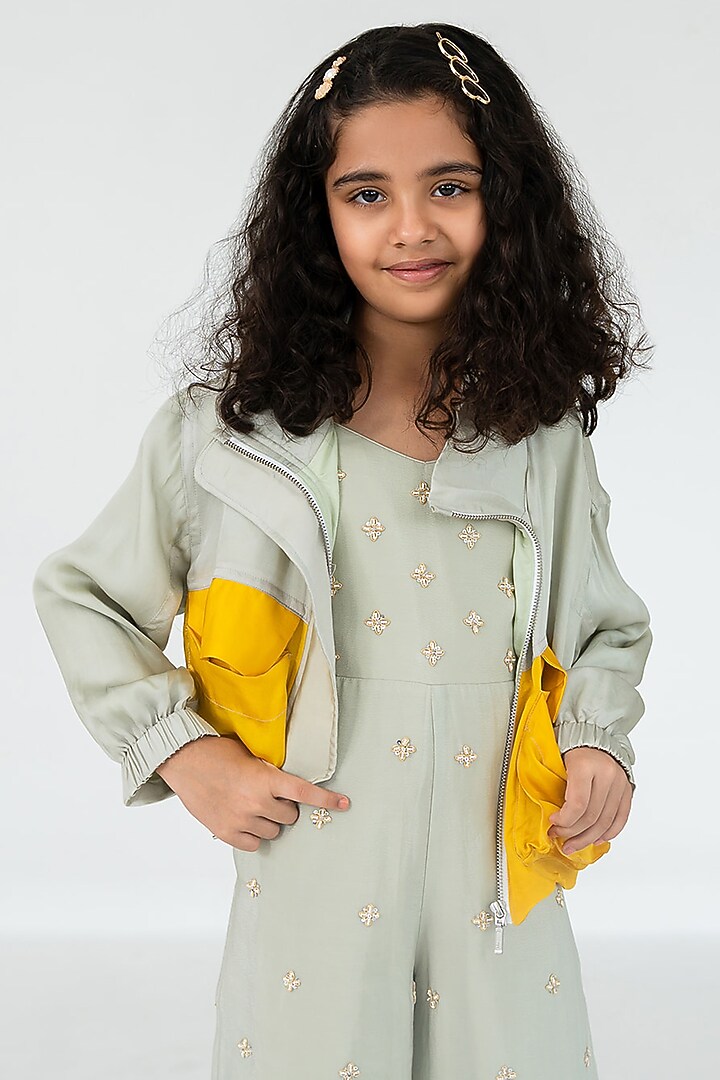 Light Mint Pure Crepe Boota Embroidered Jumpsuit With Jacket For Girls by Ease kids at Pernia's Pop Up Shop