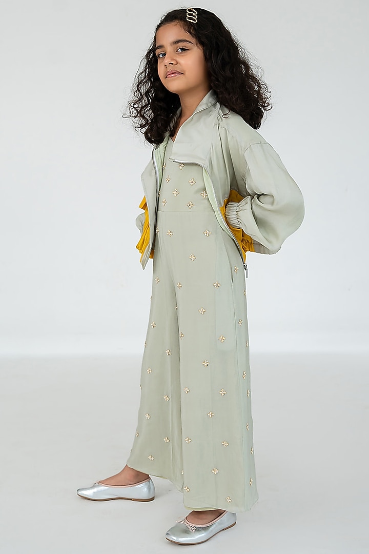 Light Mint Pure Crepe Boota Embroidered Jumpsuit With Jacket For Girls by Ease kids at Pernia's Pop Up Shop