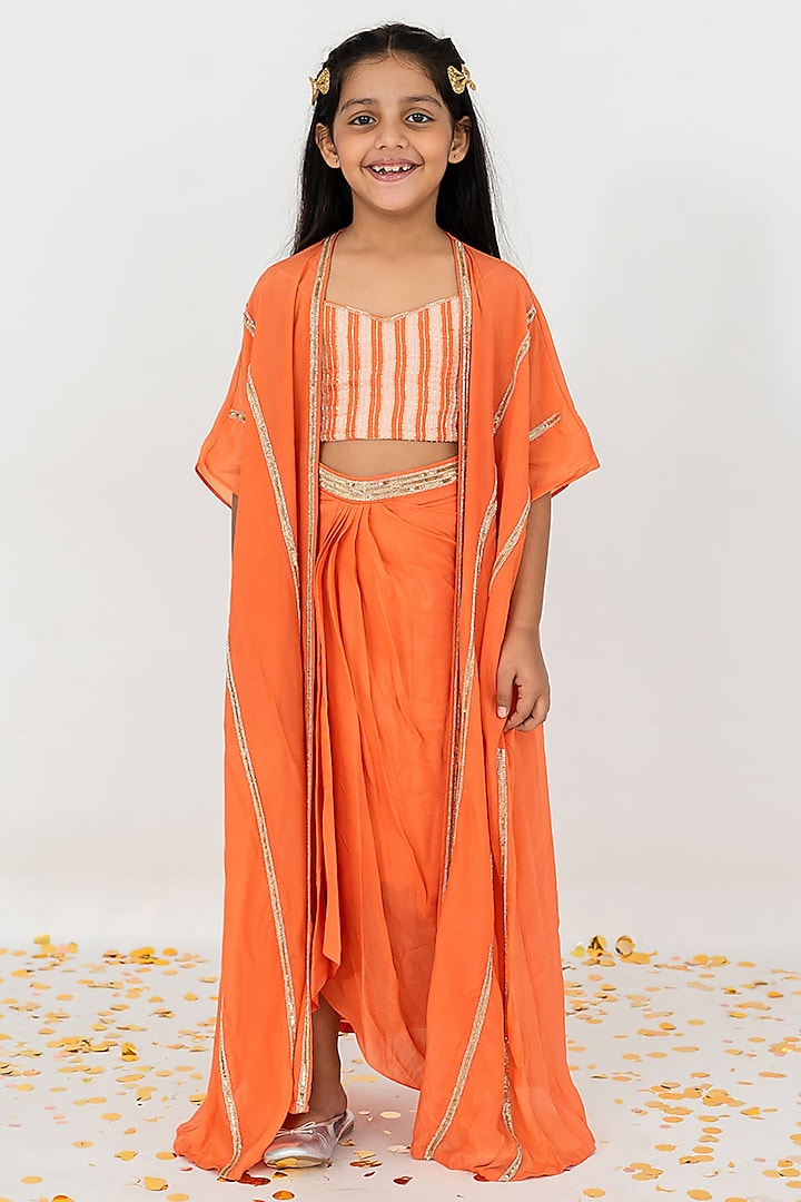 Orange Satin Organza Cutdana Embroidery Cowl Skirt Set For Girls by Ease kids