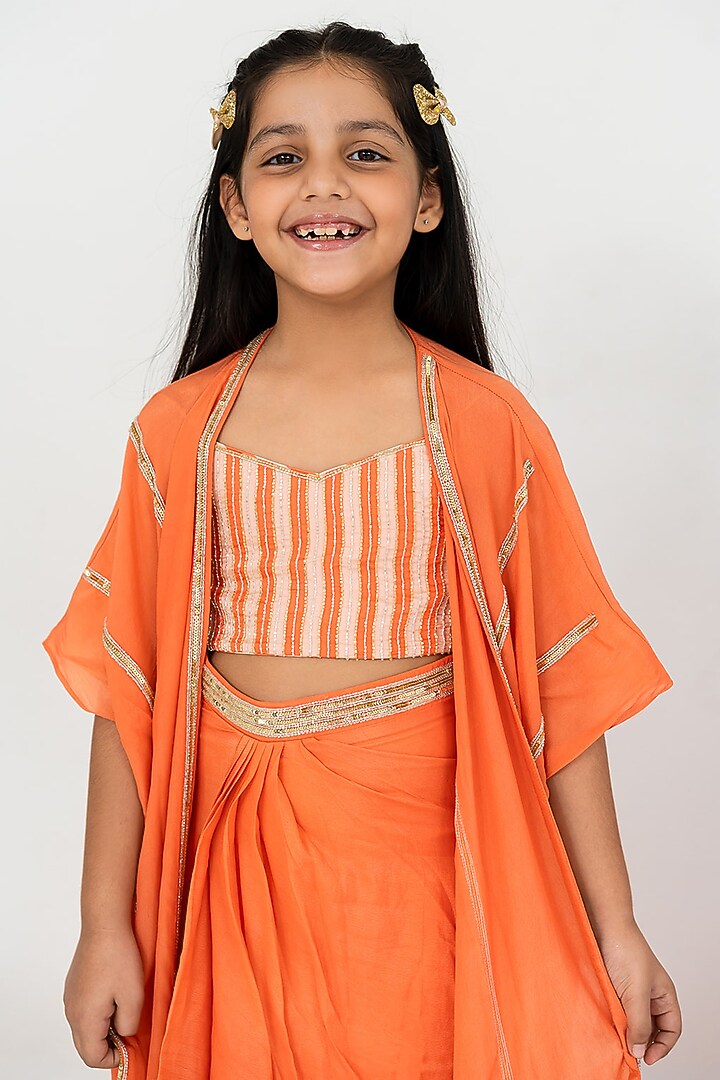 Orange Satin Organza Cutdana Embroidery Cowl Skirt Set For Girls by Ease kids at Pernia's Pop Up Shop