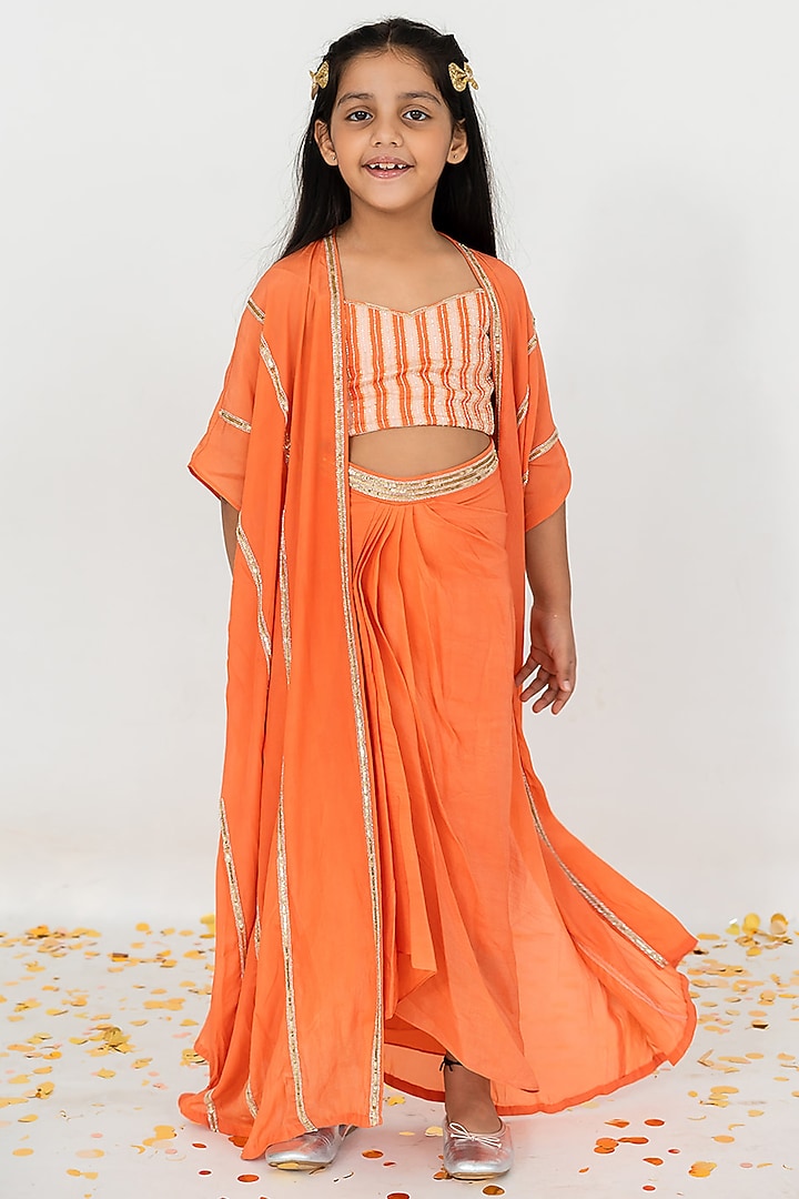 Orange Satin Organza Cutdana Embroidery Cowl Skirt Set For Girls by Ease kids at Pernia's Pop Up Shop