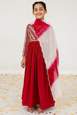 Red Pure Crepe Salli Embroidered Anarkali Set For Girls by Ease kids