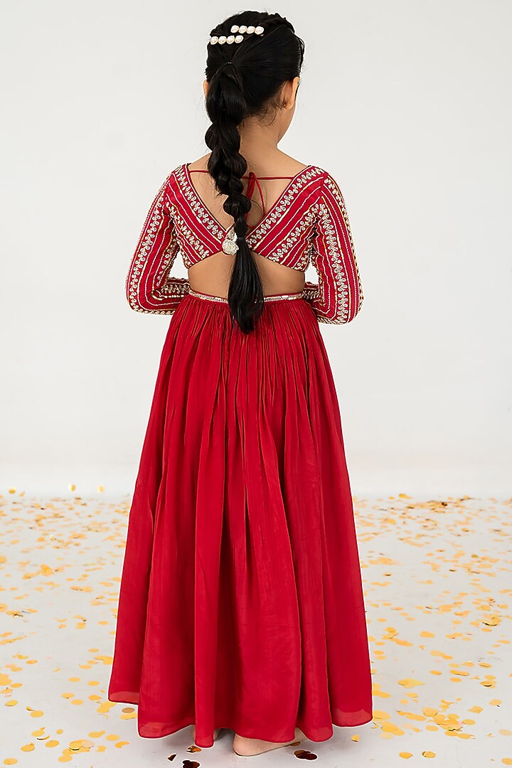 Red Pure Crepe Salli Embroidered Anarkali Set For Girls by Ease kids at Pernia's Pop Up Shop