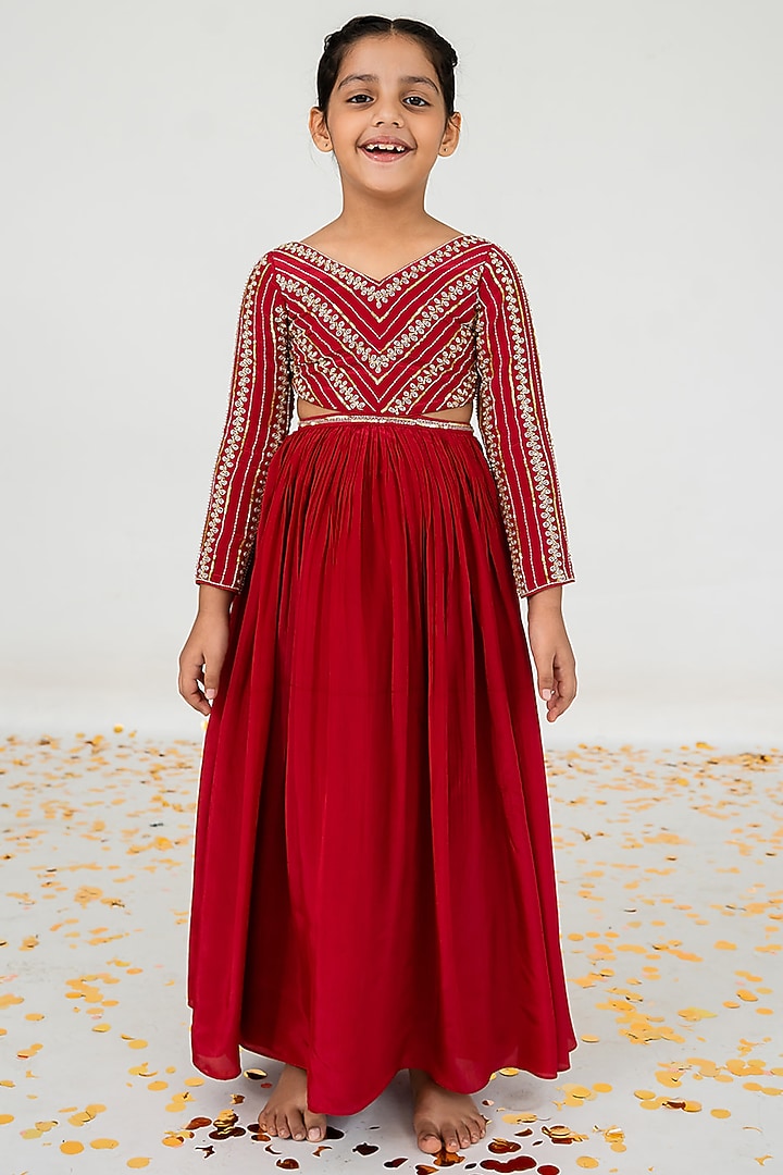 Red Pure Crepe Salli Embroidered Anarkali Set For Girls by Ease kids at Pernia's Pop Up Shop
