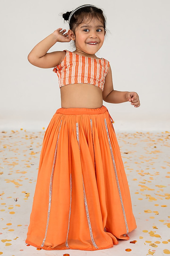 Orange Satin Organza Sequins Embroidered Lehenga Set For Girls by Ease kids
