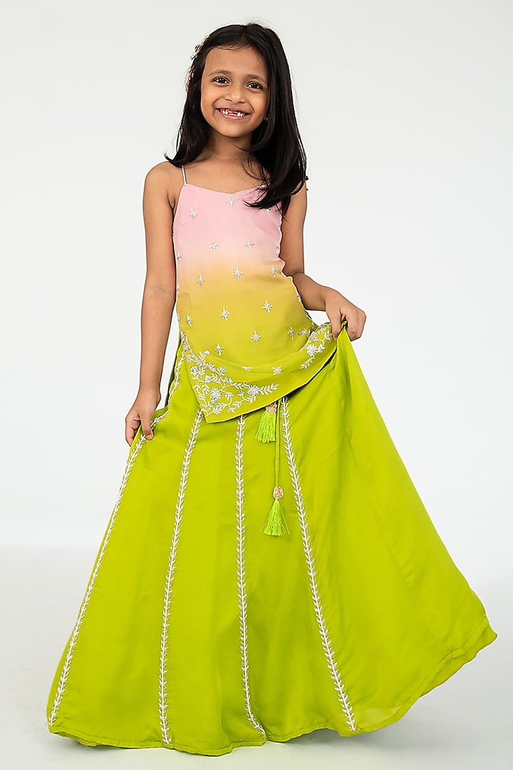 Parrot Green Satin Organza Salli Embroidered Lehenga Set For Girls by Ease kids