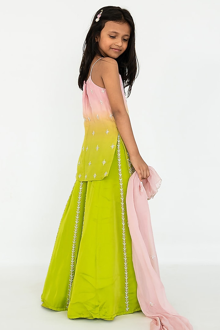 Parrot Green Satin Organza Salli Embroidered Lehenga Set For Girls by Ease kids at Pernia's Pop Up Shop
