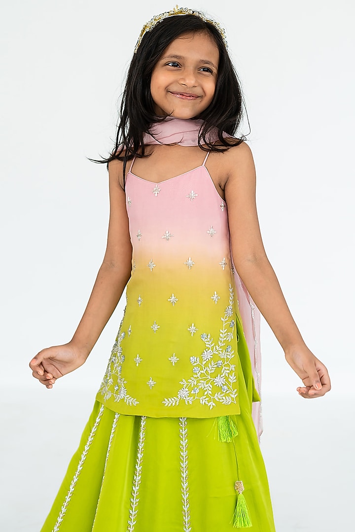 Parrot Green Satin Organza Salli Embroidered Lehenga Set For Girls by Ease kids at Pernia's Pop Up Shop
