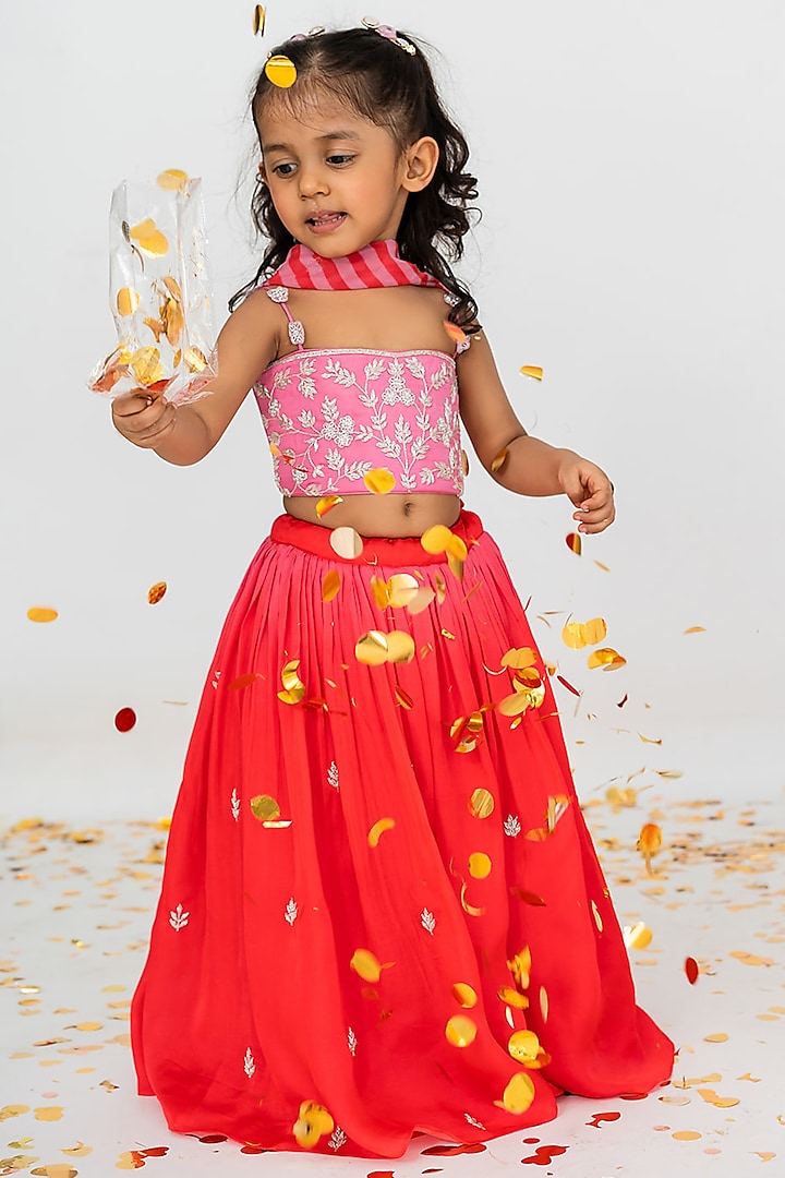 Red Satin Organza Cutdana Embroidered Lehenga Set For Girls by Ease kids