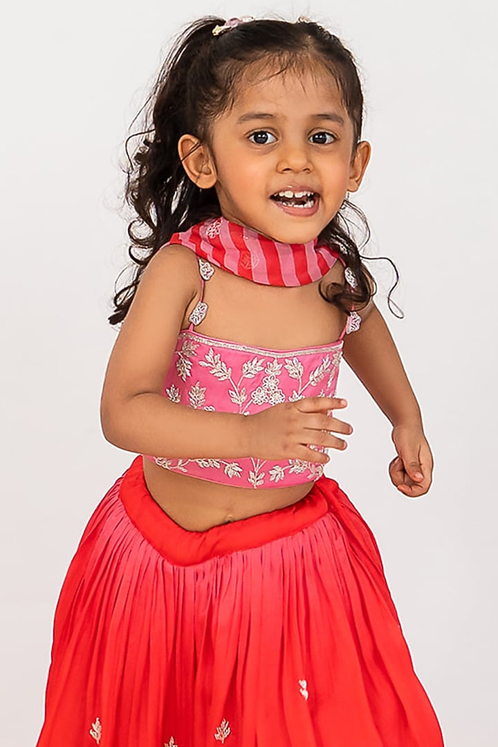 Red Satin Organza Cutdana Embroidered Lehenga Set For Girls by Ease kids at Pernia's Pop Up Shop