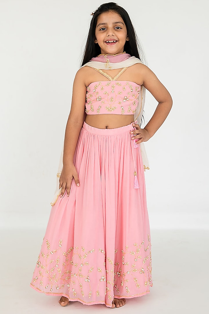 Baby Pink Pure Crepe Cutdana Embroidered Lehenga Set For Girls by Ease kids
