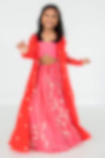 Red & Pink Viscose Organza Jaal Embroidered Striped Lehenga Set For Girls by Ease kids