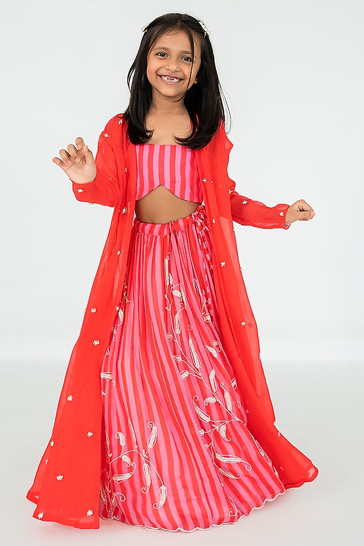 Red & Pink Viscose Organza Jaal Embroidered Striped Lehenga Set For Girls by Ease kids