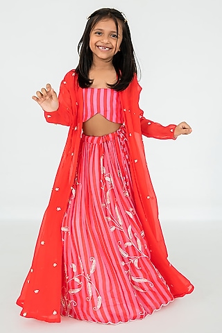 Red & Pink Viscose Organza Jaal Embroidered Striped Lehenga Set For Girls by Ease kids
