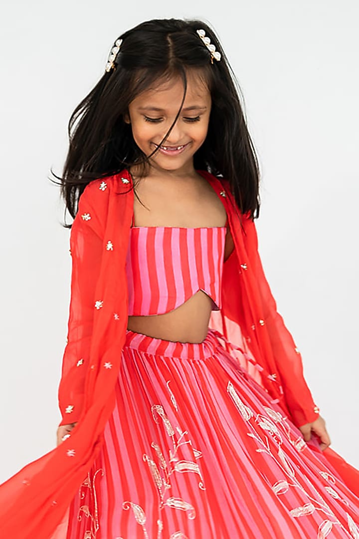 Red & Pink Viscose Organza Jaal Embroidered Striped Lehenga Set For Girls by Ease kids at Pernia's Pop Up Shop