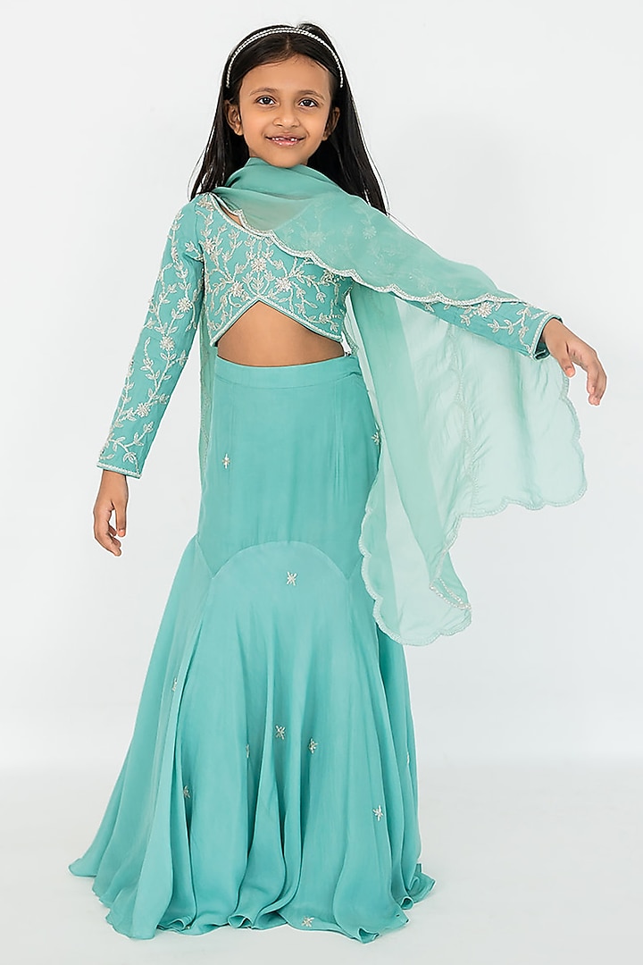 Dark Mint Pure Crepe Cutdana Embroidered Lehenga Set For Girls by Ease kids
