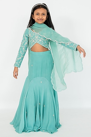Dark Mint Pure Crepe Cutdana Embroidered Lehenga Set For Girls by Ease kids