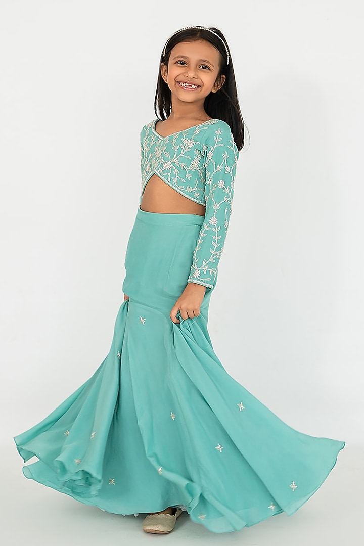 Dark Mint Pure Crepe Cutdana Embroidered Lehenga Set For Girls by Ease kids at Pernia's Pop Up Shop
