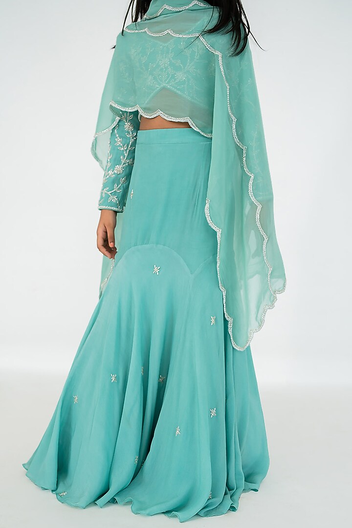 Dark Mint Pure Crepe Cutdana Embroidered Lehenga Set For Girls by Ease kids at Pernia's Pop Up Shop